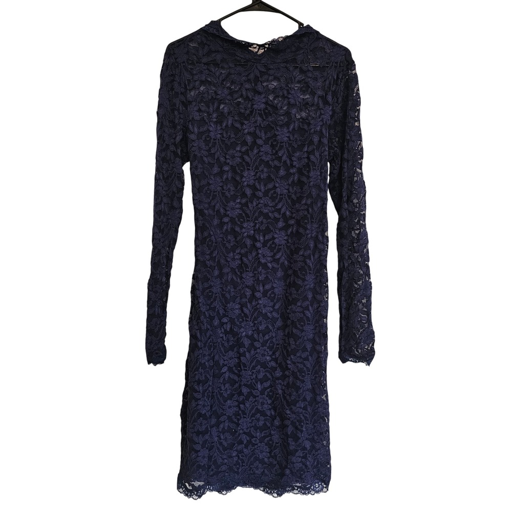 MODA INTERNATIONAL Navy‎ Blue Lace Open Back Long Sleeve Sheath Dress Size L